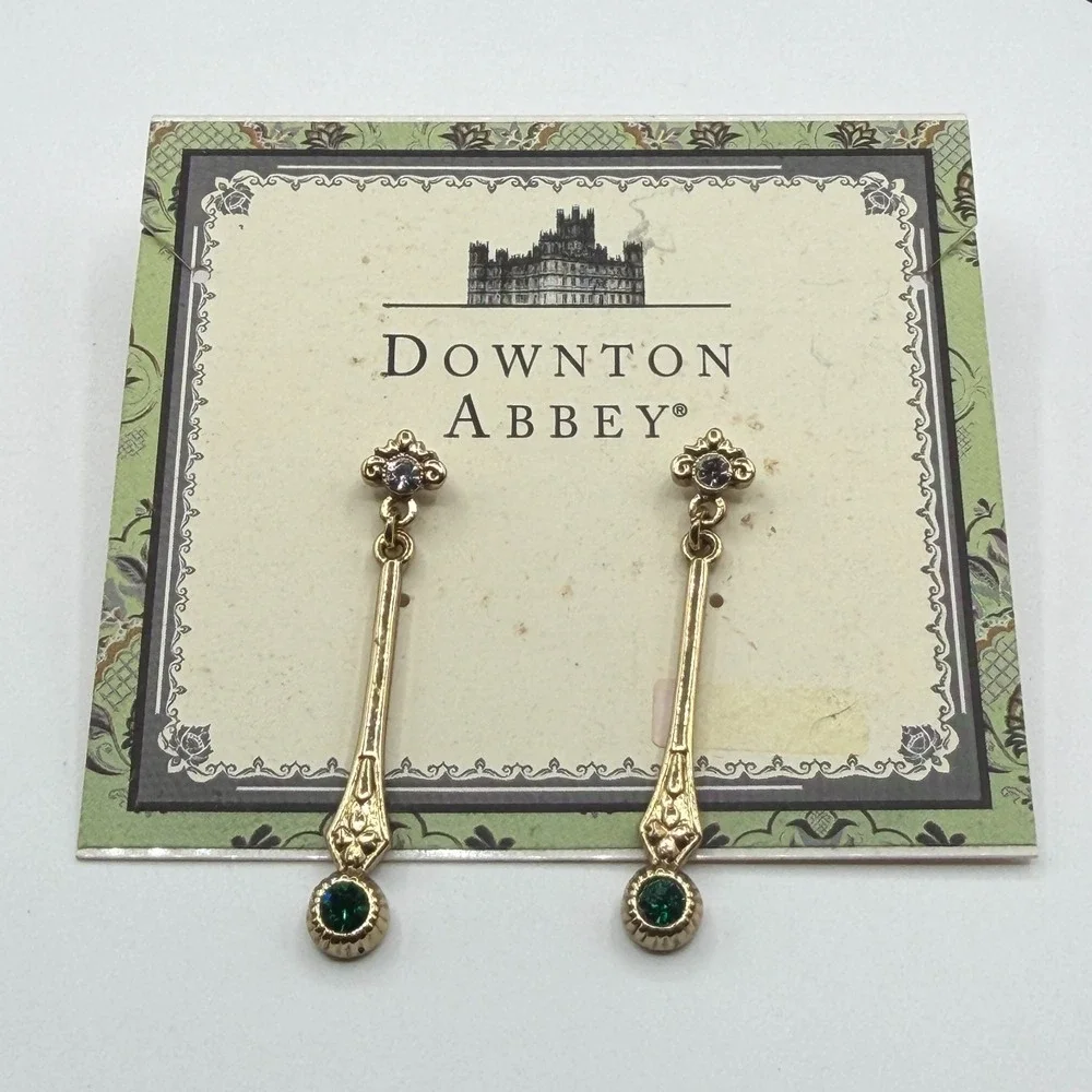 Downton Abbey Gold Tone Green Crystal Art Deco Drop Dangle Earrings Costume